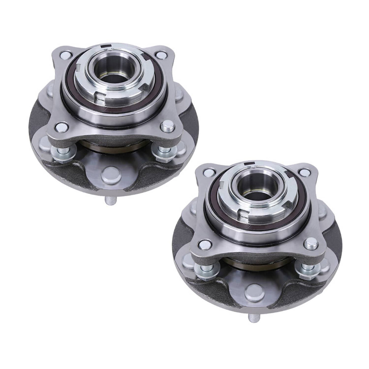 Two wheel hub bearing assemblies showing circular bearing housing and mounting bolts