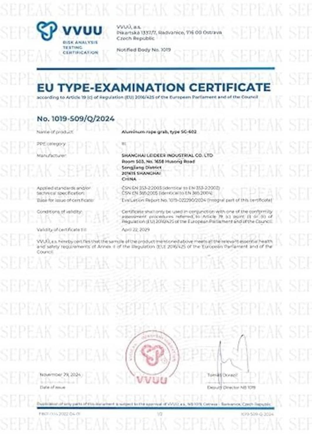 Black-and-orange rope grab ascender with certification document background