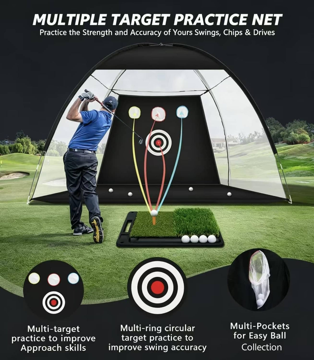 Golf practice net and mat with black frame and white target panels, outdoor set