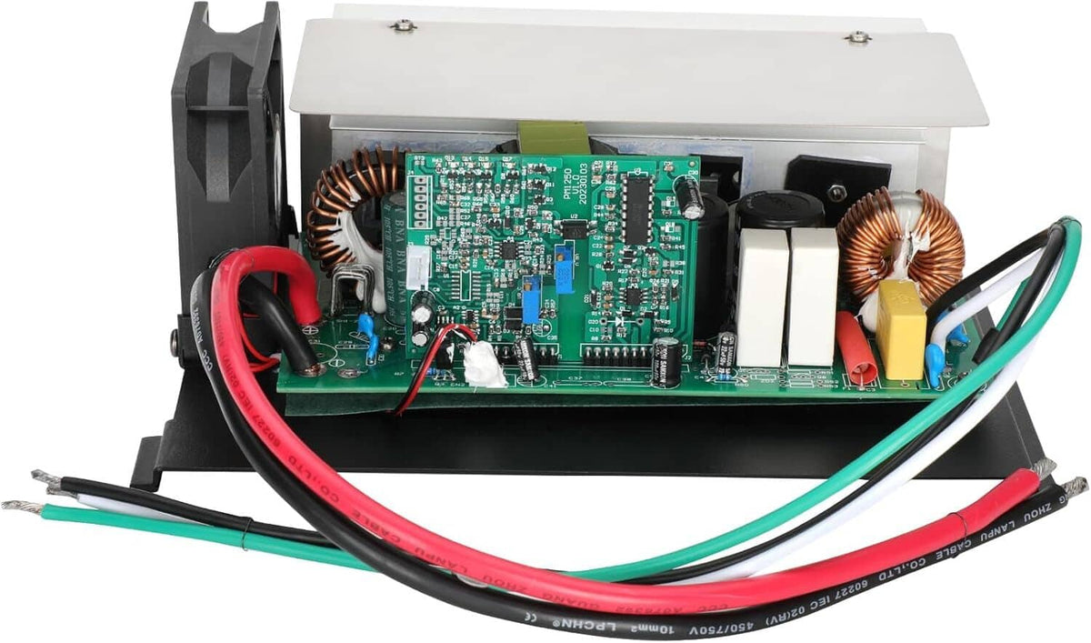 RV power converter with exposed PCB and transformer coils, connected red and green power cables.