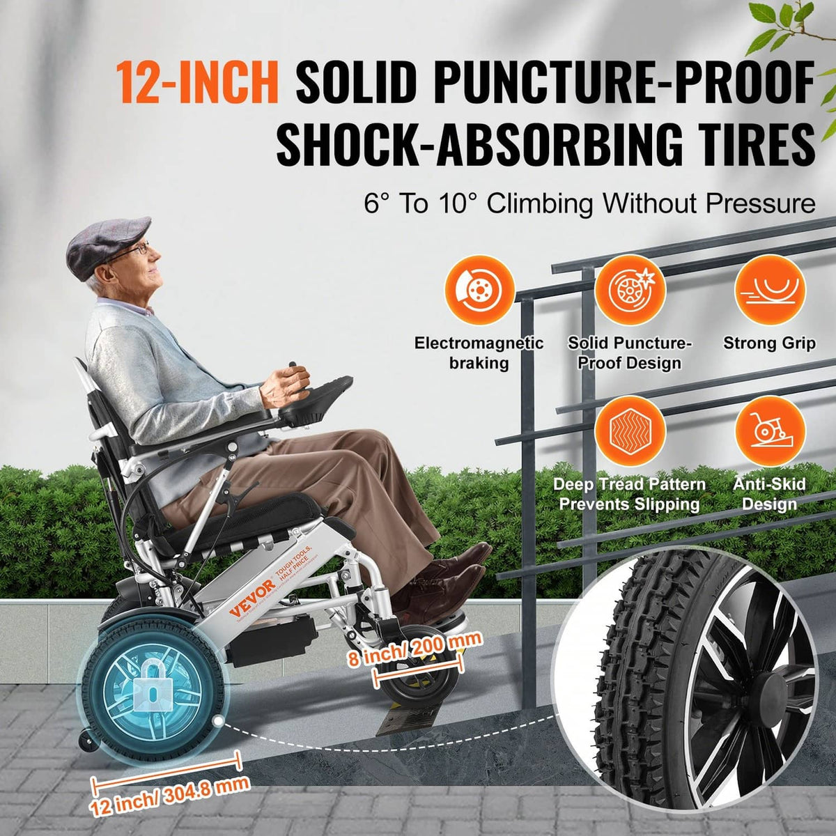 Foldable electric wheelchair with large treaded wheels and reinforced tire design.