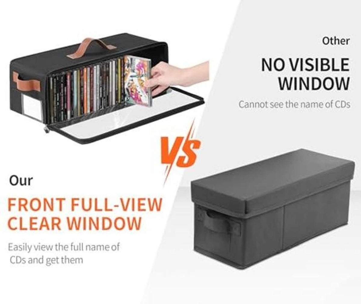 Black CD storage box with clear front window; open zipper showing a CD case