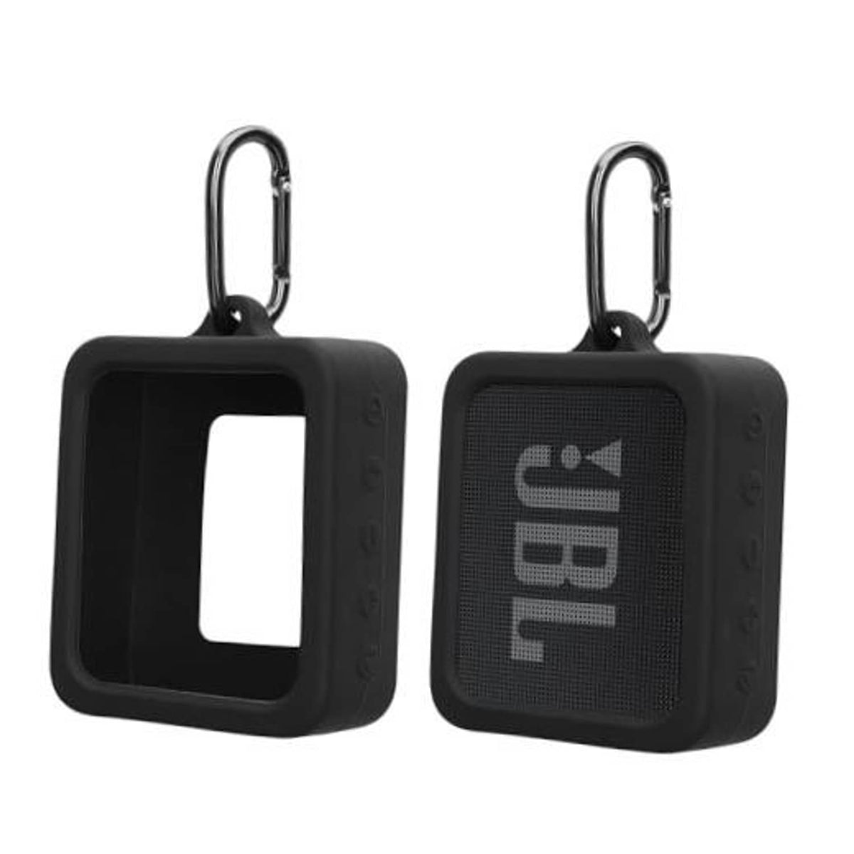Black silicone mini speaker case with carabiner clip, front cutout and logo panel