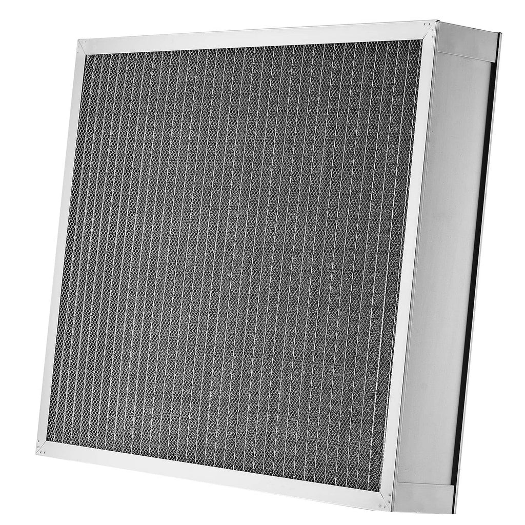 Electrostatic air filter with dark gray mesh in aluminum frame, MERV 8 rating