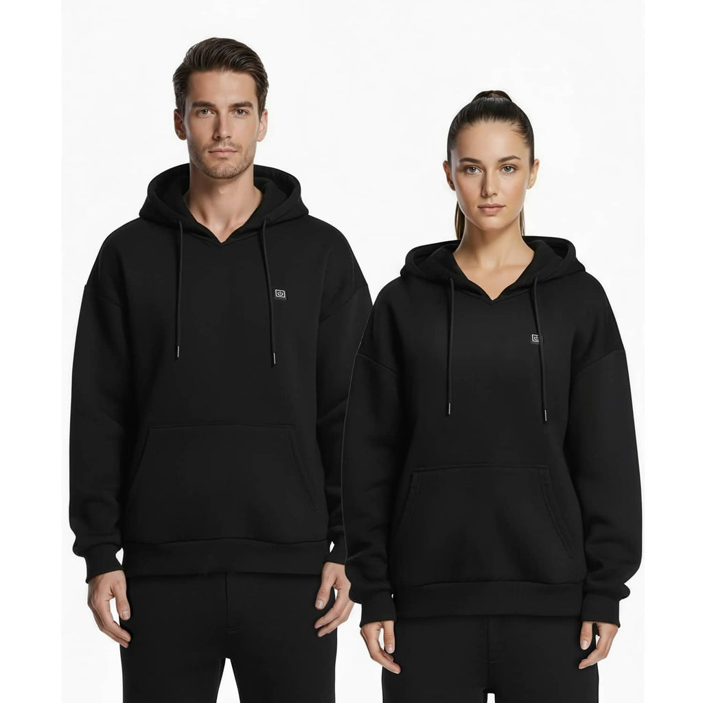 Black unisex heated hoodie jacket with kangaroo pocket and drawstring hood