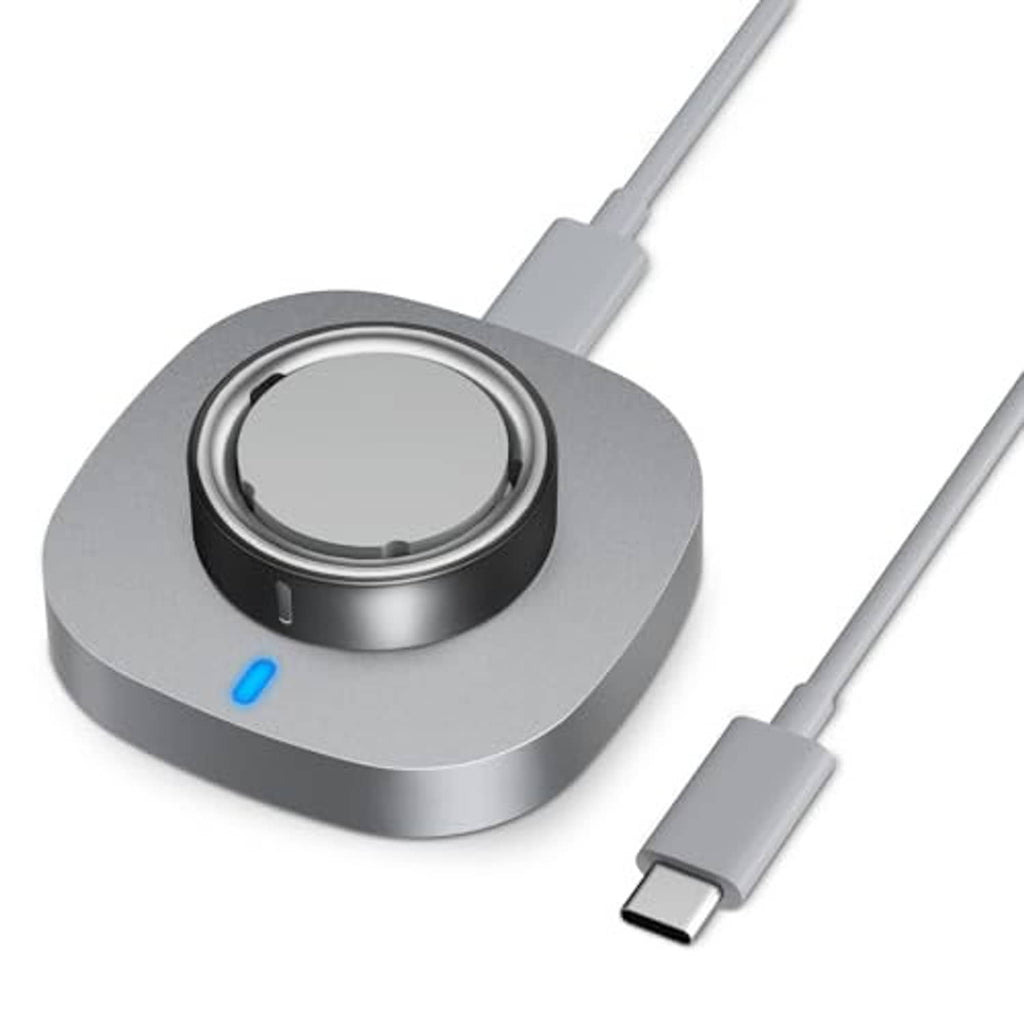 Gray charging dock with circular ring cradle and blue indicator light, USB-C cable plug shown