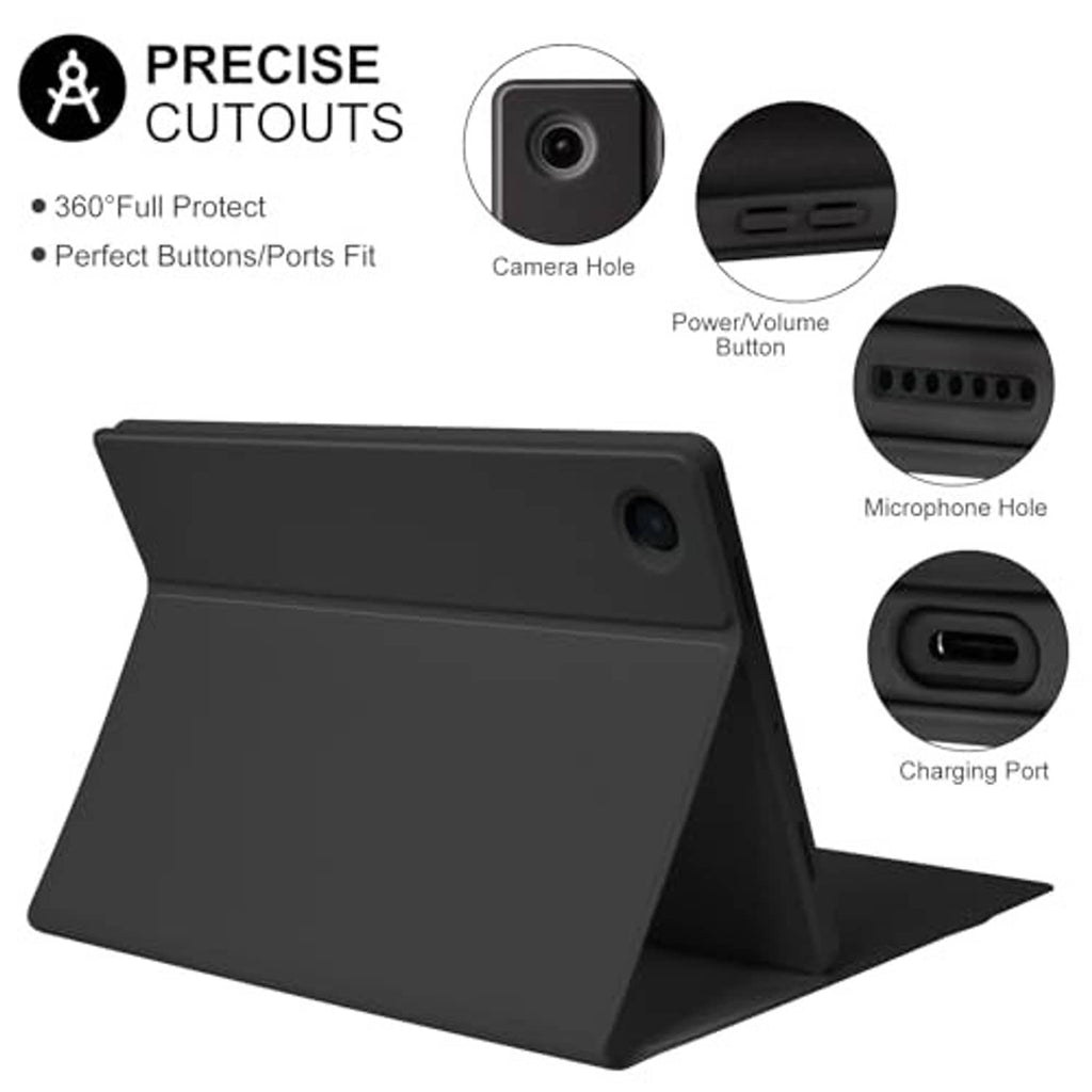 Black tablet case with precise cutouts for camera, ports, microphone, and buttons