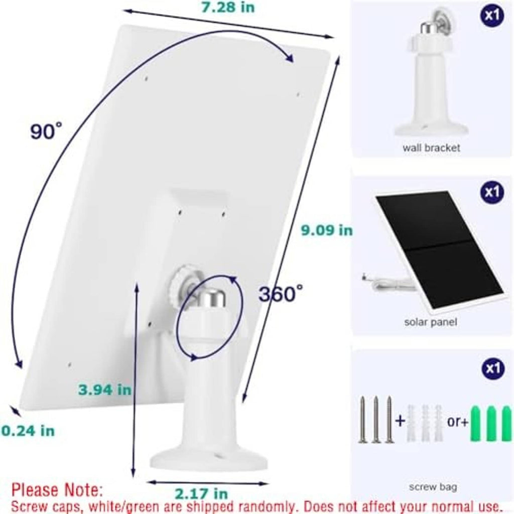 White solar panel charger with size diagram and 360° adjustable mounting bracket