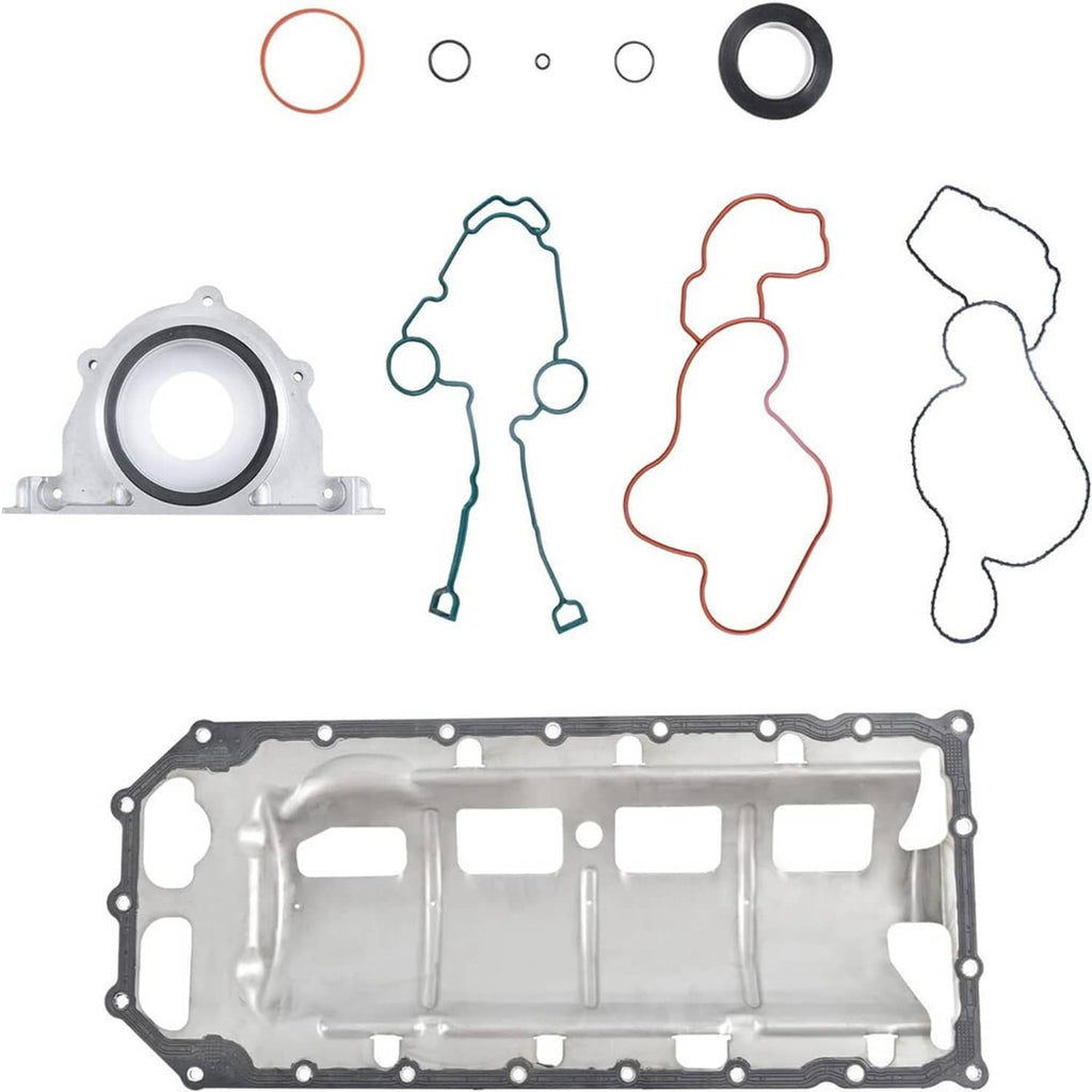 Cylinder head gasket set with seal shapes and front cover plate, metallic and rubber seals
