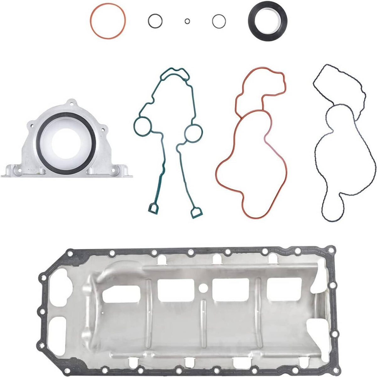 Cylinder head gasket set with seal shapes and front cover plate, metallic and rubber seals