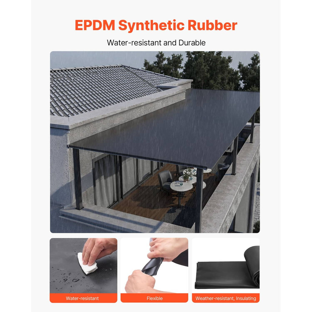 Black EPDM rubber membrane covering flat roof surface with smooth finish