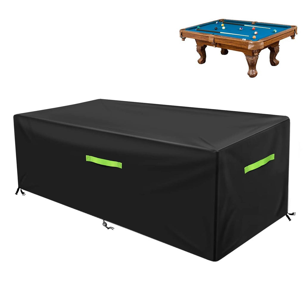 Black waterproof pool table cover with elastic straps and drawstring tie points