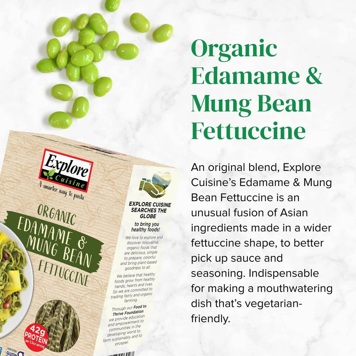 Organic edamame & mung bean fettuccine pasta box, front with product description
