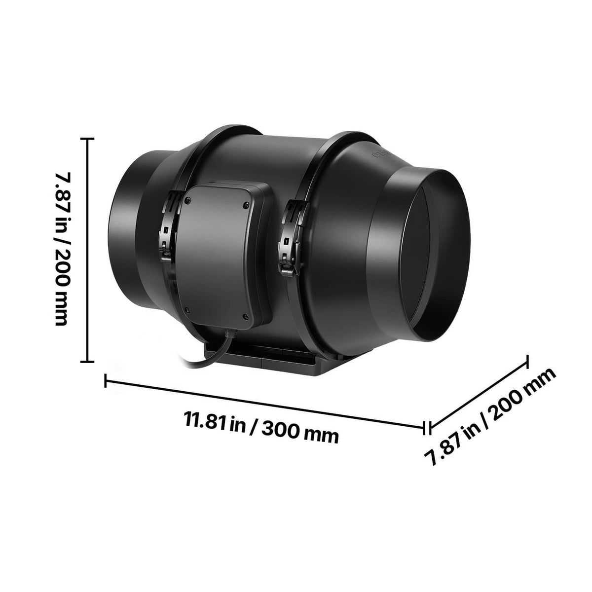 Black inline ventilation fan dimensions diagram with front and rear duct openings