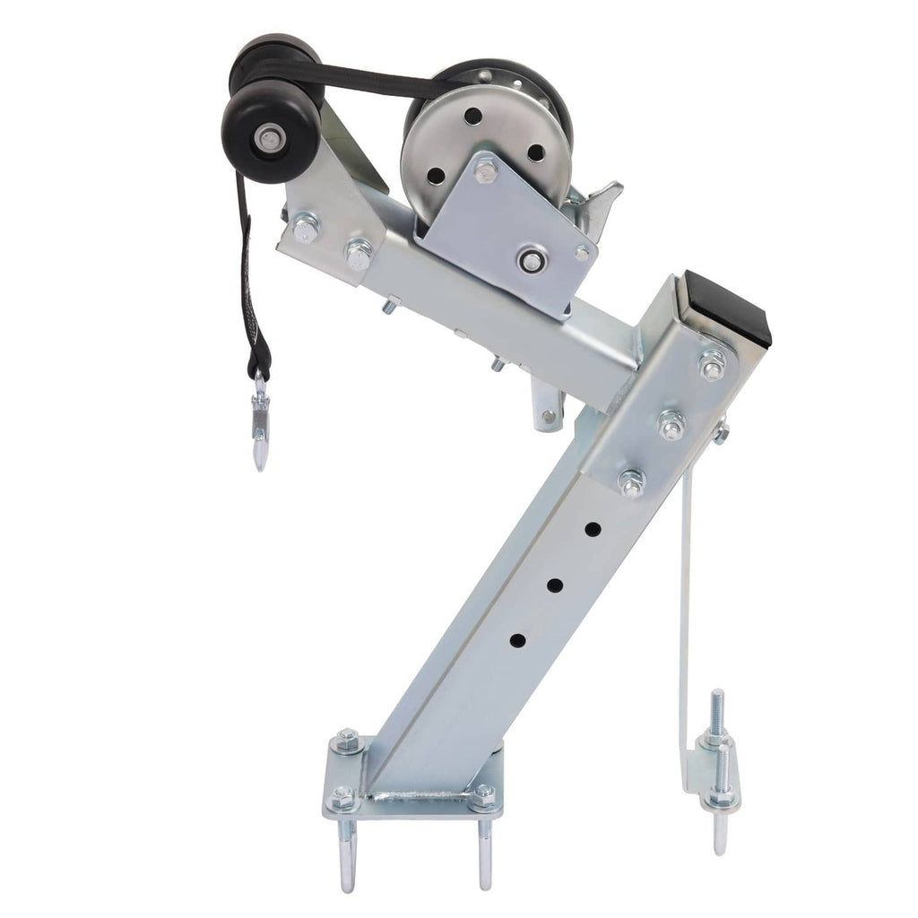 Adjustable steel winch stand with pulley, chain strap, and fold-down safety bar