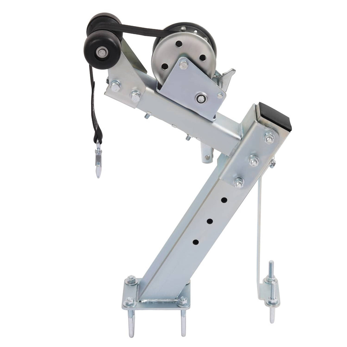 Adjustable steel winch stand with pulley, chain strap, and fold-down safety bar