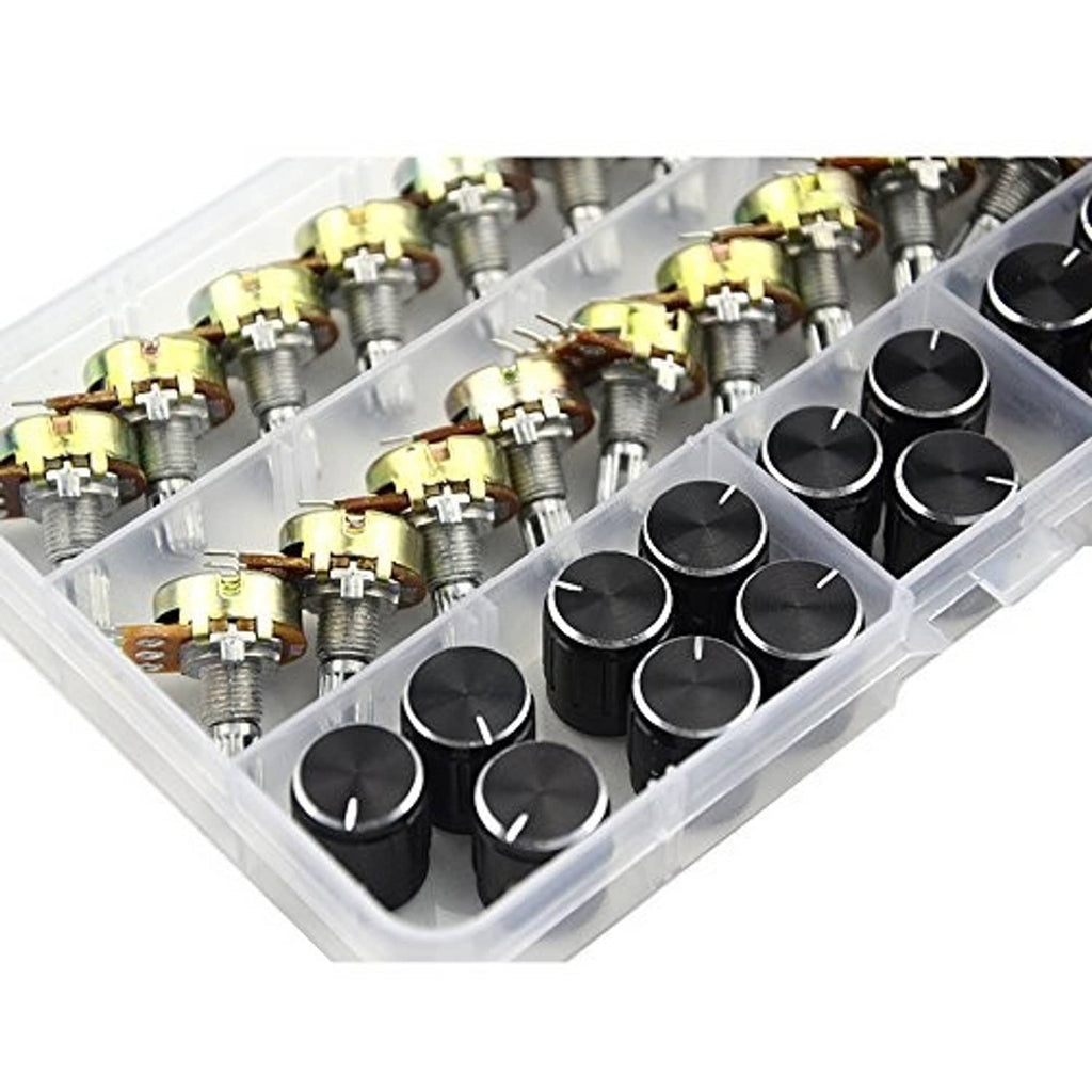 Close-up of rotary taper potentiometers with knurled metal shafts and black knob tops