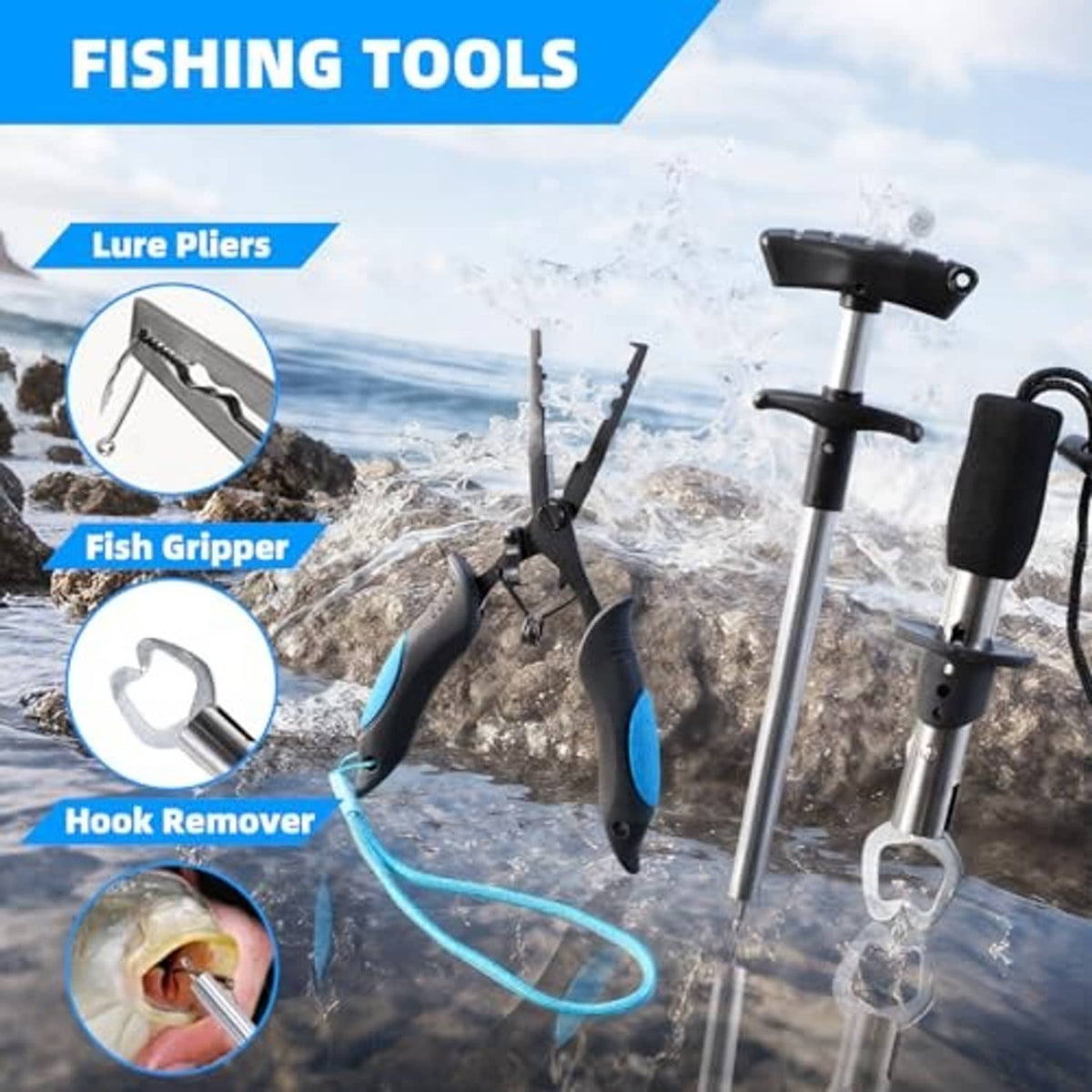 Fishing tool set with lure pliers, fish gripper, and hook remover included