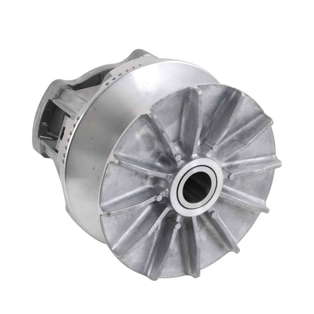 Silver clutch cover with radial fins and central splined hub opening