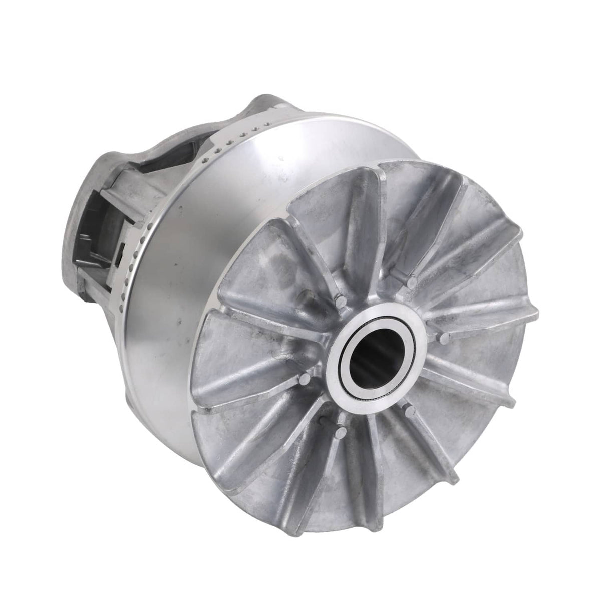Silver clutch cover with radial fins and central splined hub opening