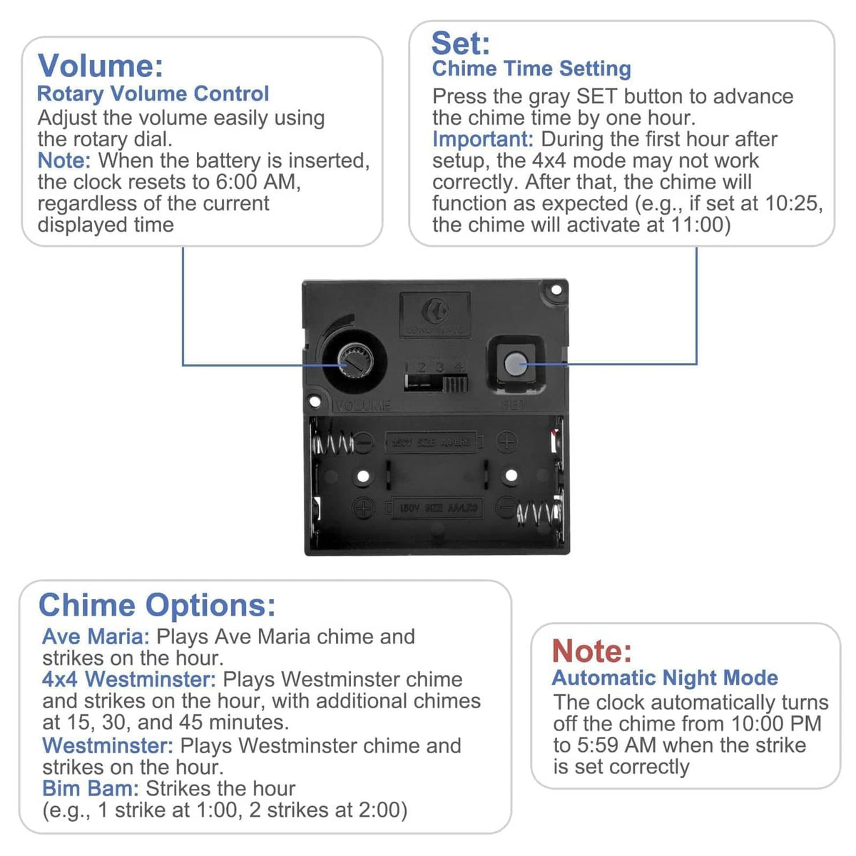 Black chime clock mechanism with volume and chime time setting controls shown