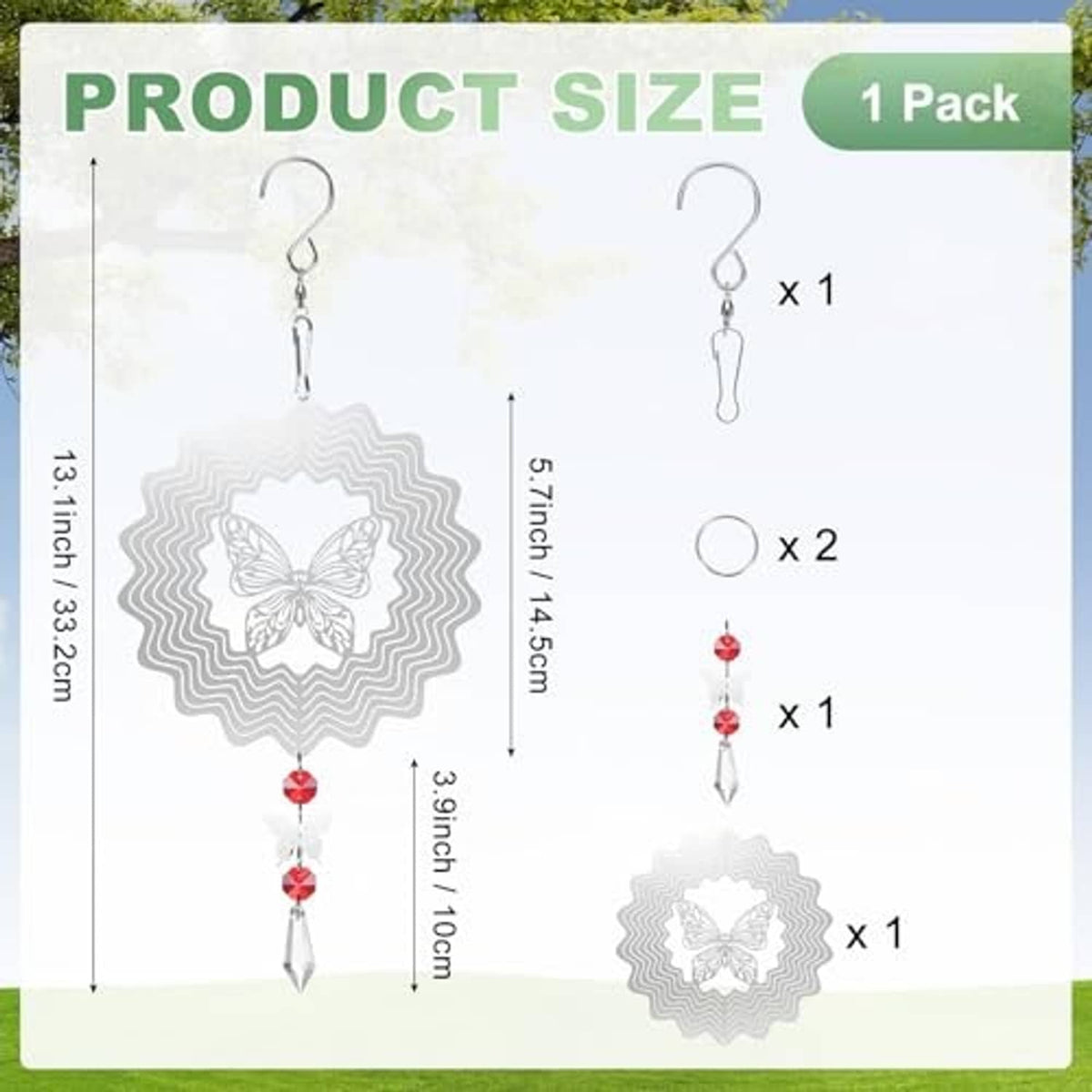 Stainless wind spinner with butterfly medallion, red bead drops, and hanging hook