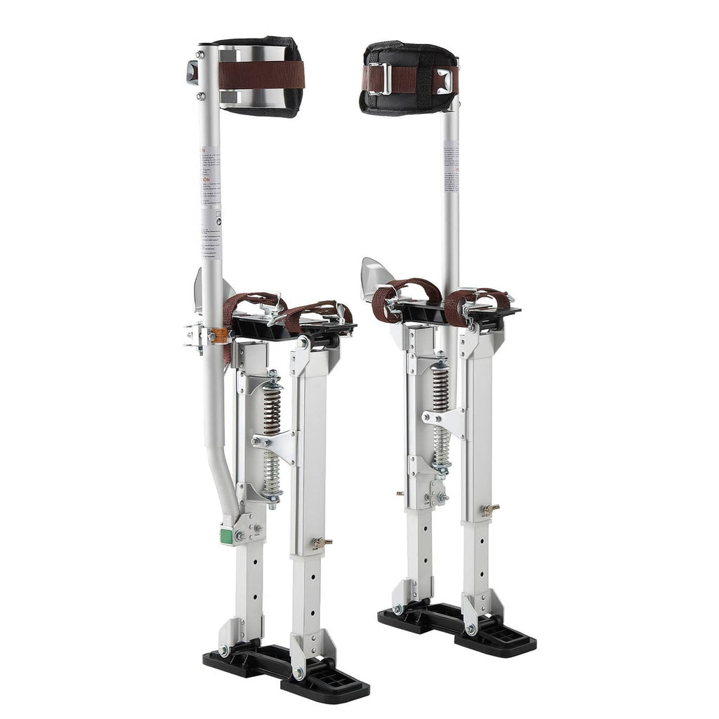 Adjustable aluminum drywall stilts with padded ankle supports and twin leg frames.
