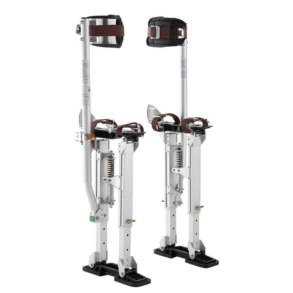 Adjustable aluminum drywall stilts with padded ankle supports and twin leg frames.