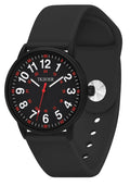 Black round nurse watch with red-and-white numerals and silicone strap