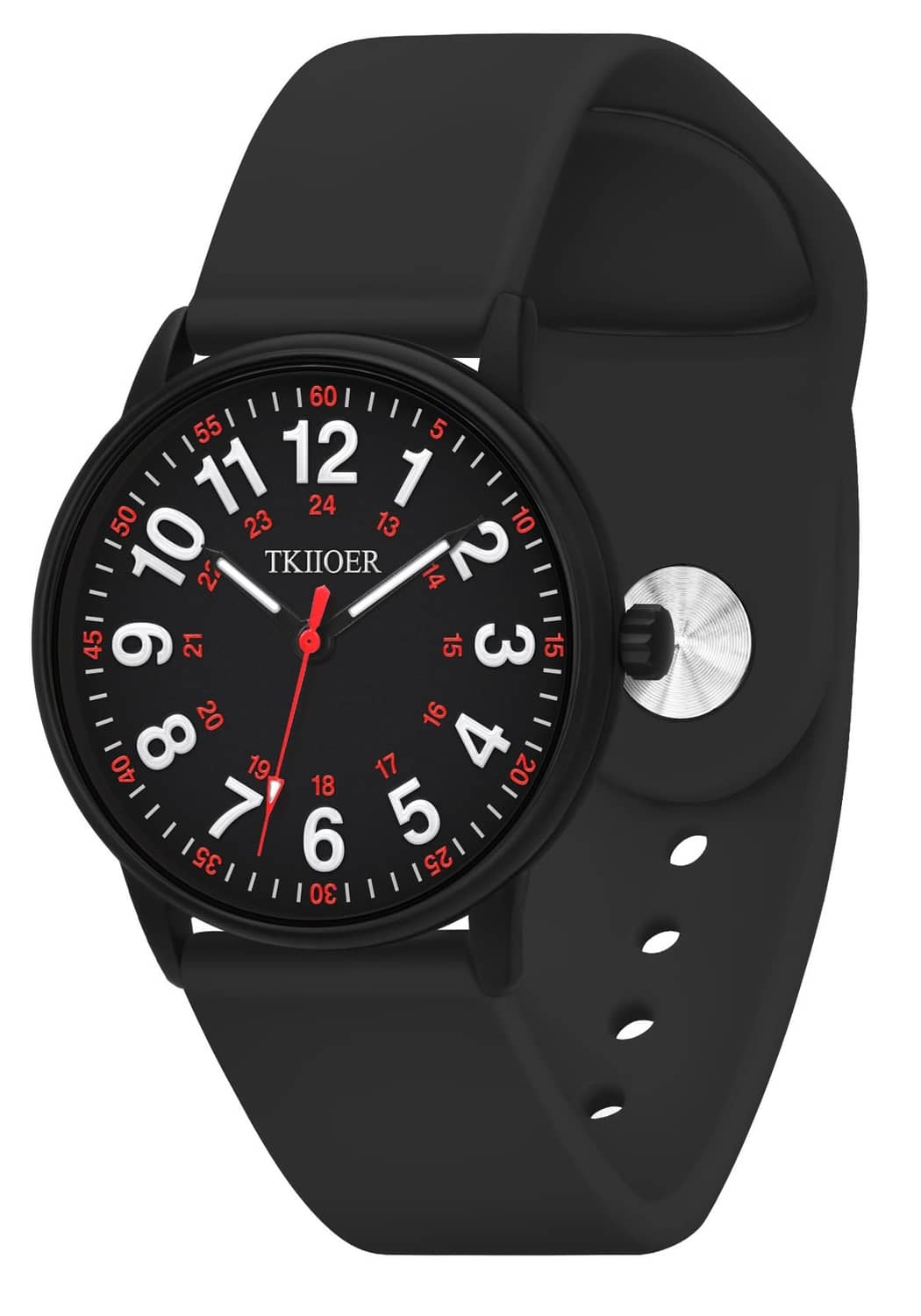 Black round nurse watch with red-and-white numerals and silicone strap