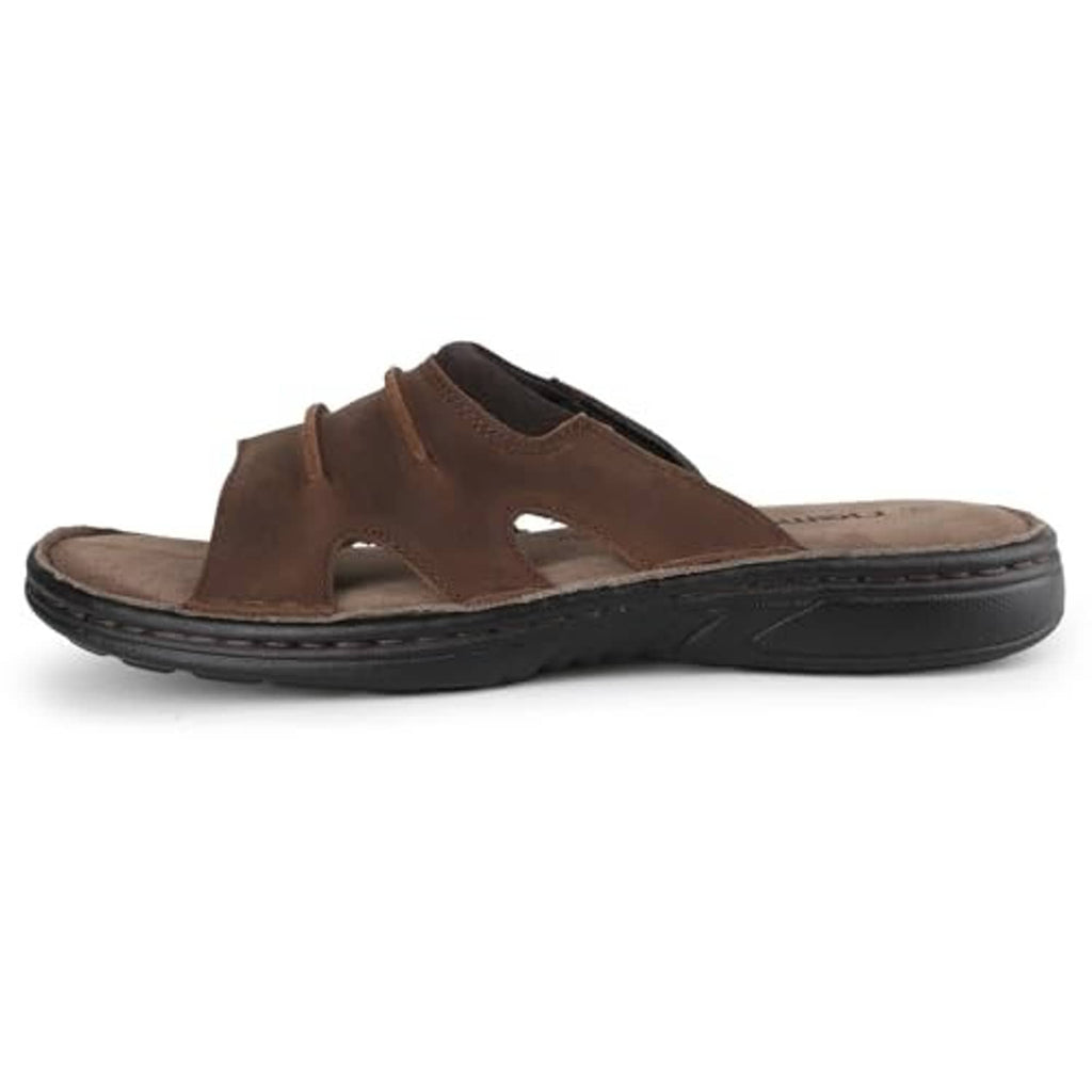 Dark brown leather slide sandal with curved strap and slip-on mule style