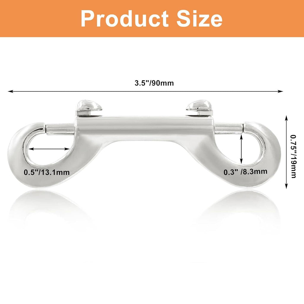 Silver double-ended bolt snap hook size diagram, about 3.5 in overall length
