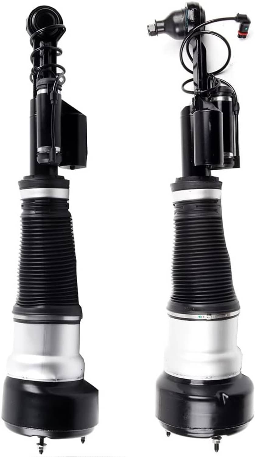 Two front air suspension struts set, side-by-side view with black boots and wiring