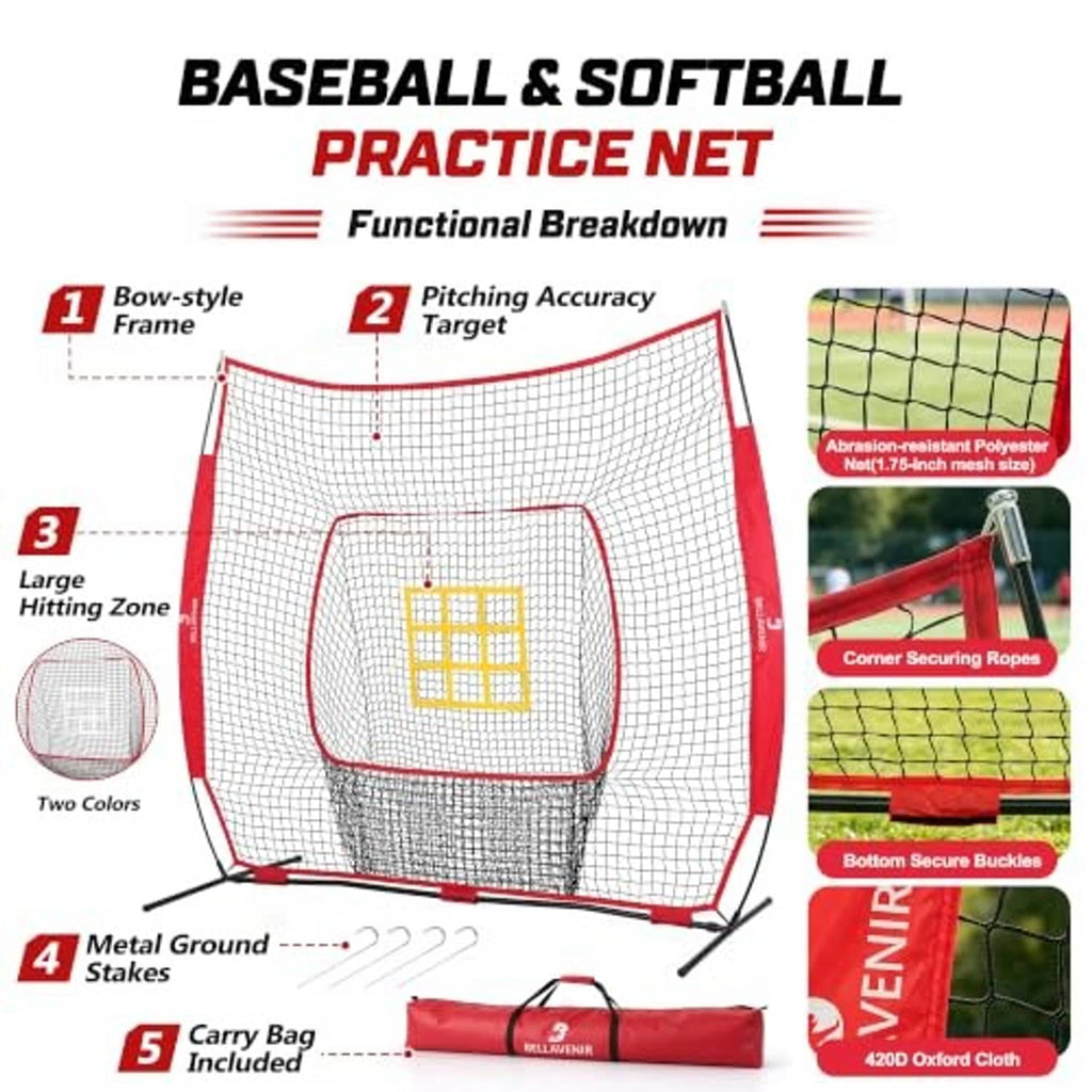 Baseball and softball practice net with bow frame, yellow strike zone target, and mesh details.