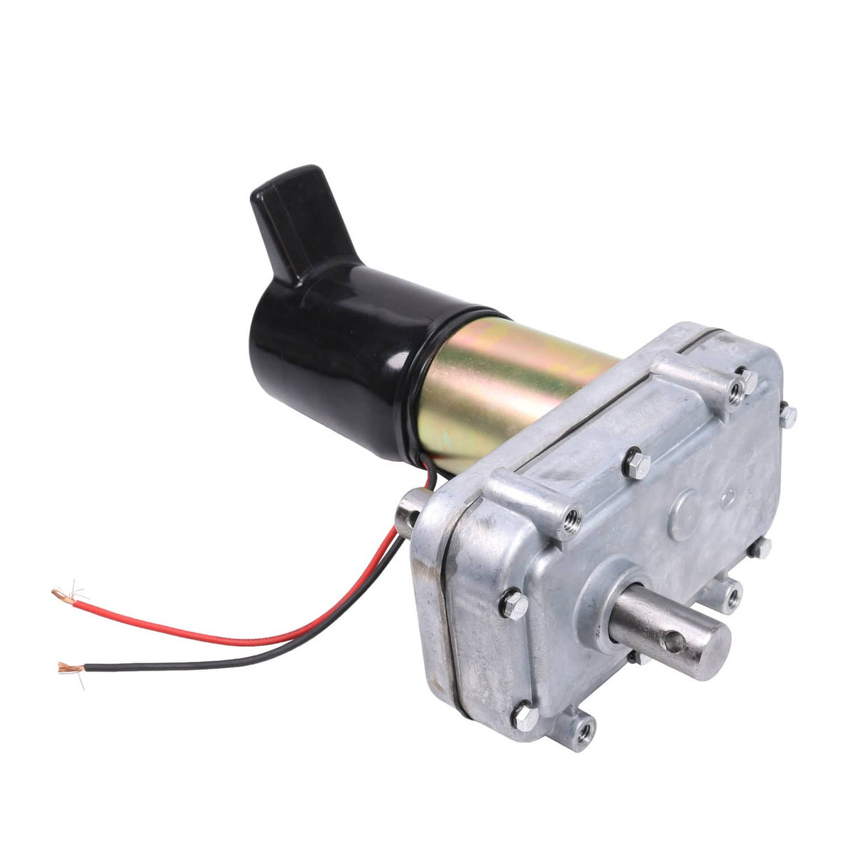 RV slide-out motor with black housing and silver mounting plate, wired leads