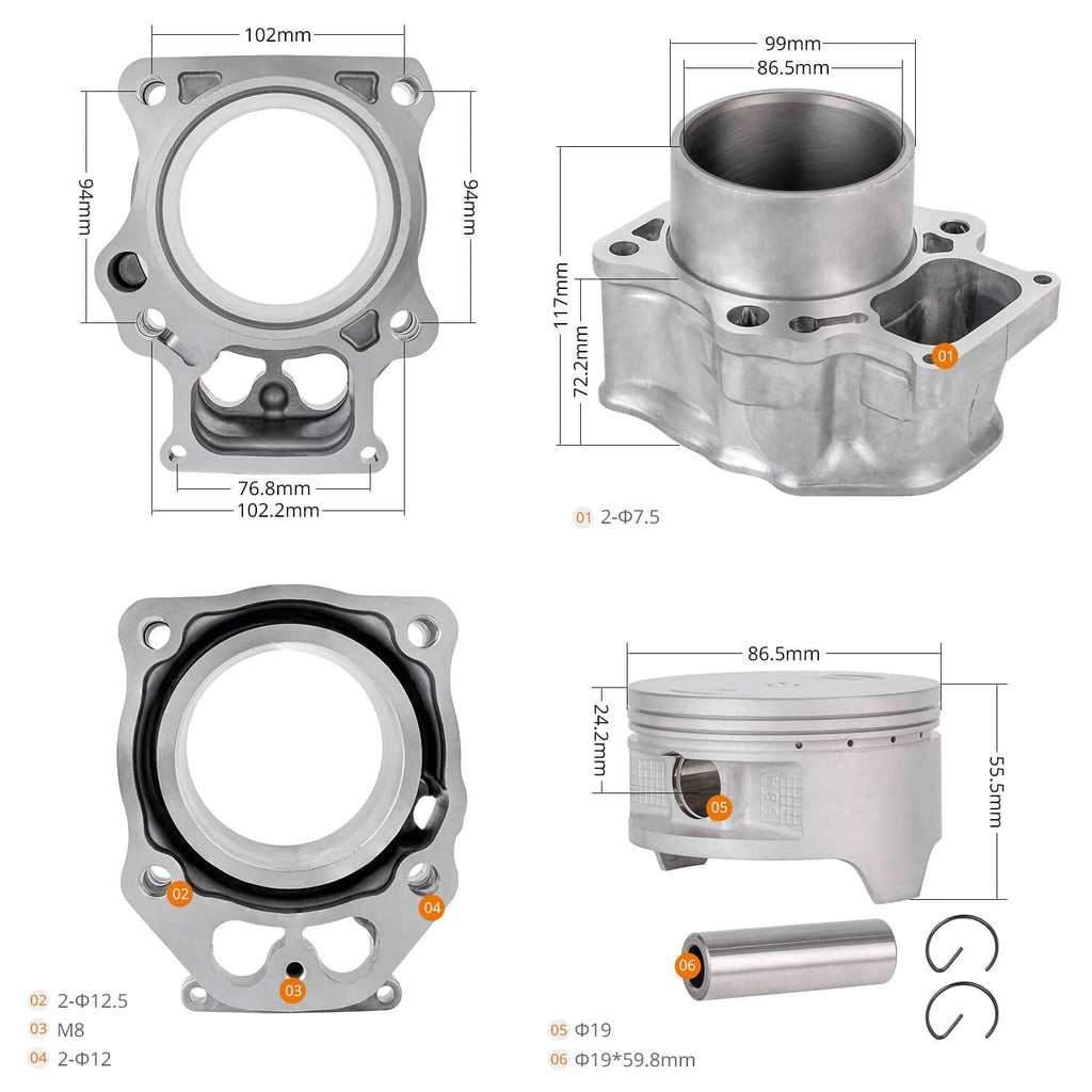 Measured top end rebuild kit parts: cylinder, piston, rings, gaskets, fasteners diagram