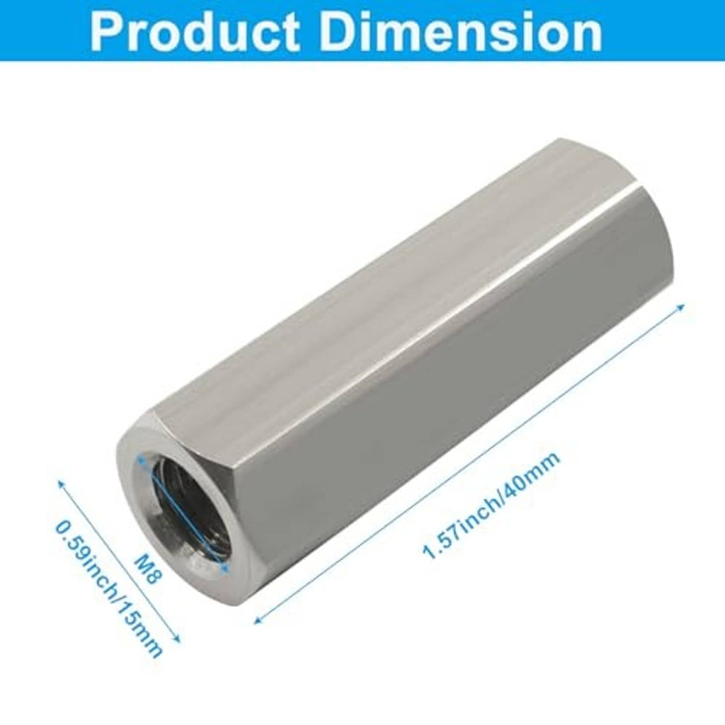 Single silver hex coupling nut with M8 internal threads, close-up