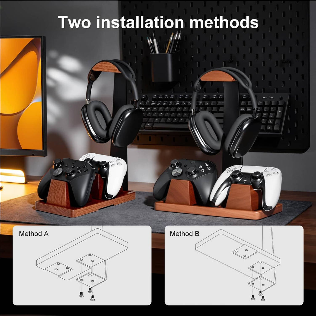 Wood headset stand with two controller holders, shown with two mounting methods