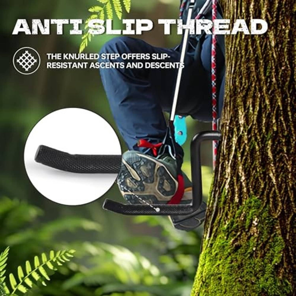 Black screw-in tree step attached to a tree for secure foot placement