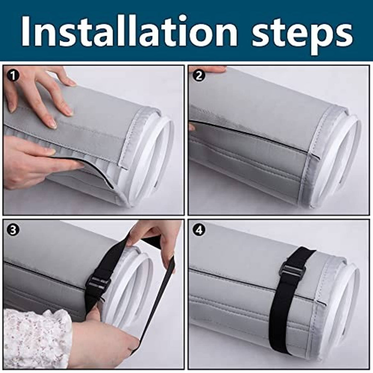 Gray AC hose cover wrap shown during installation, padded sleeve with fastening strap