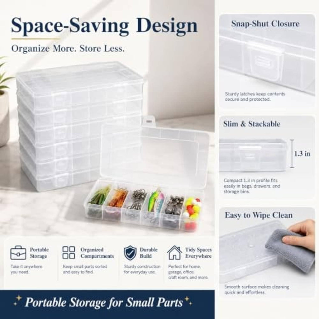 Stackable clear tackle box organizer with snap shut closure and slim hinged lid