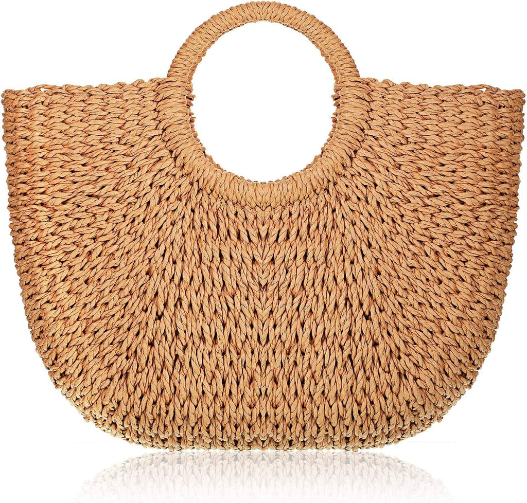 Woven straw tote bag with round open top handle, light brown