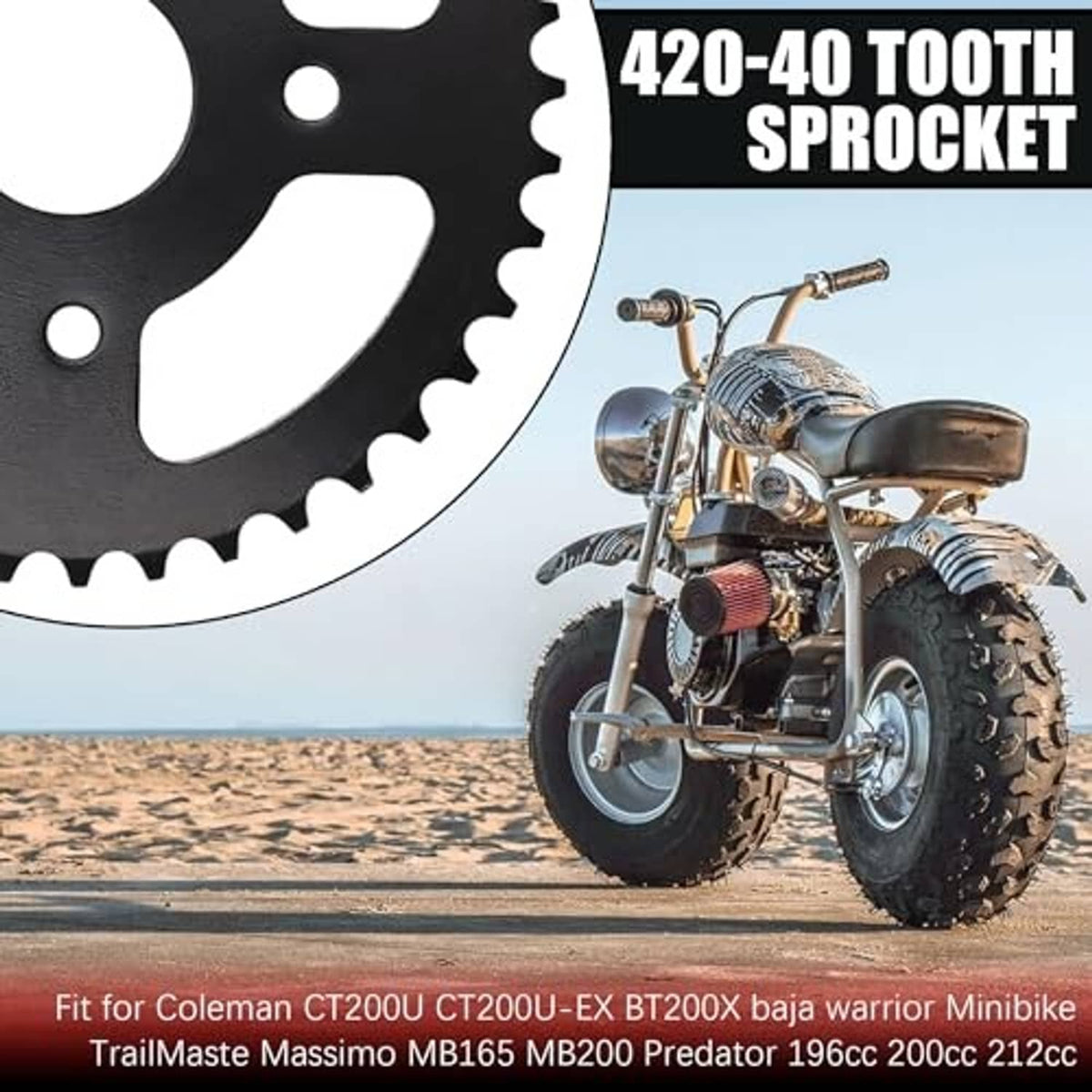 Black 40T 420 chain sprocket for mini bike, shown with a small motorbike