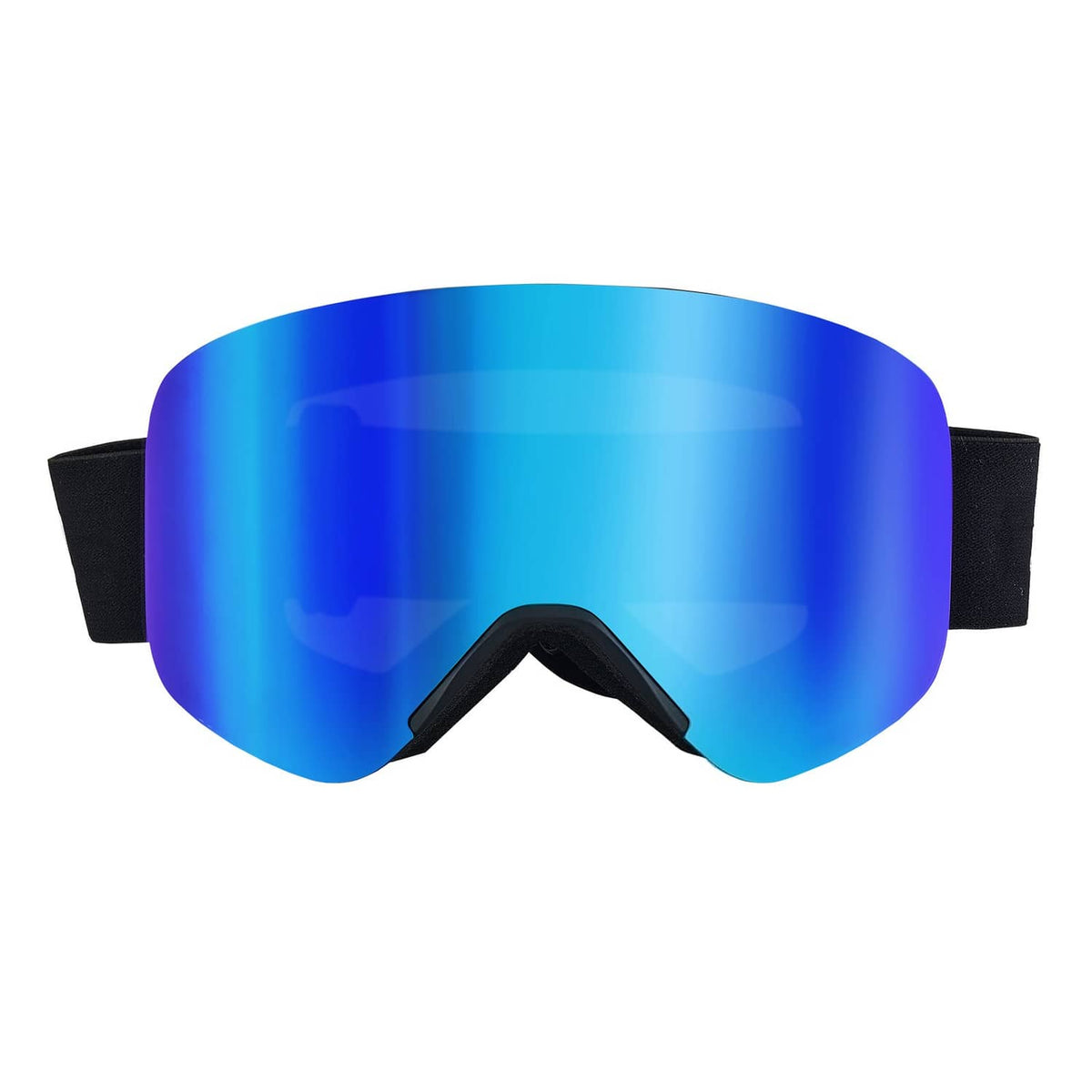Blue mirrored ski goggles with black frame and foam strap, wide cylindrical lens