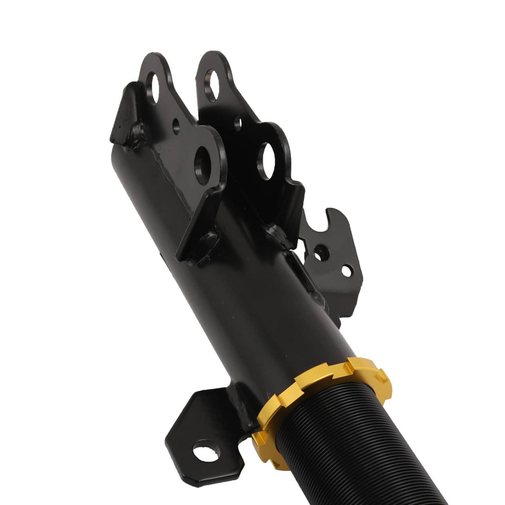 Coilover strut top mount bracket with black housing and gold adjustment collar