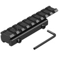 Black dovetail-to-Picatinny rail adapter with ridged rail profile and mounting hole