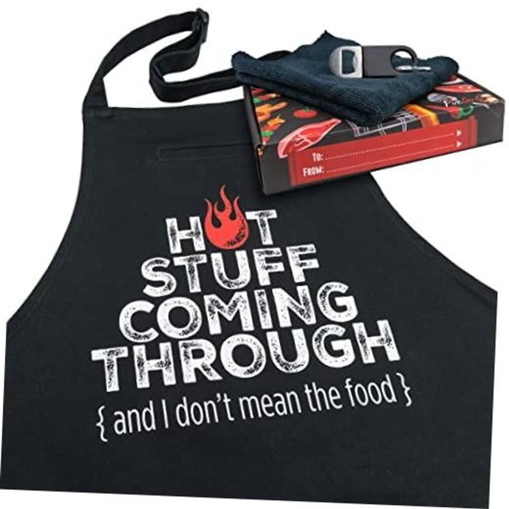 Black chef apron with “Hot Stuff Coming Through” print and neck strap, tie belt