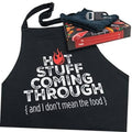 Black chef apron with “Hot Stuff Coming Through” print and neck strap, tie belt