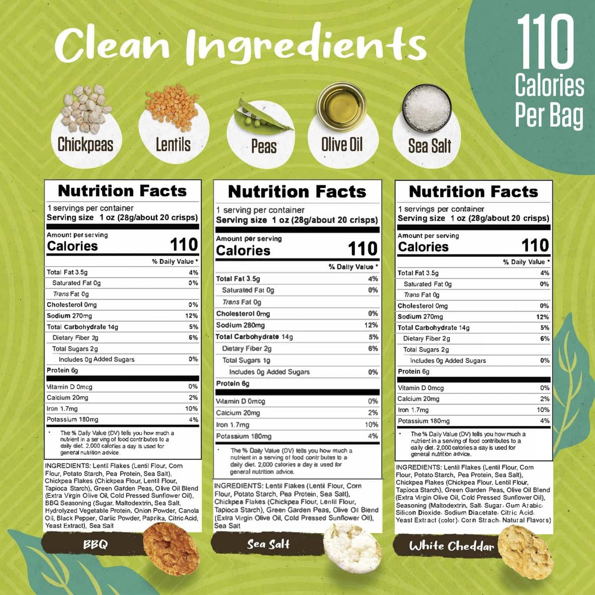Veggie chips nutrition facts panel showing 110 calories per serving and key ingredients