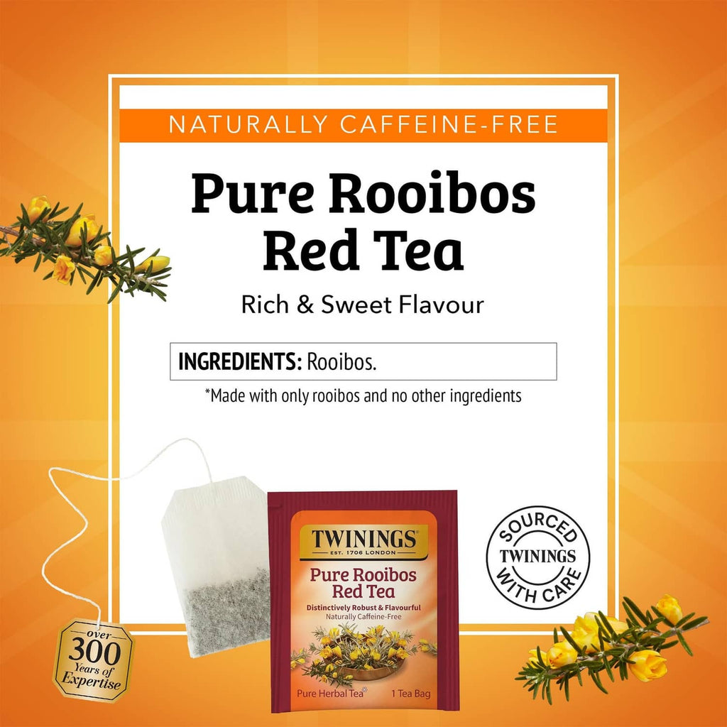 Twinings Pure Rooibos Red Tea herbal tea bag box, naturally caffeine-free, rich & sweet
